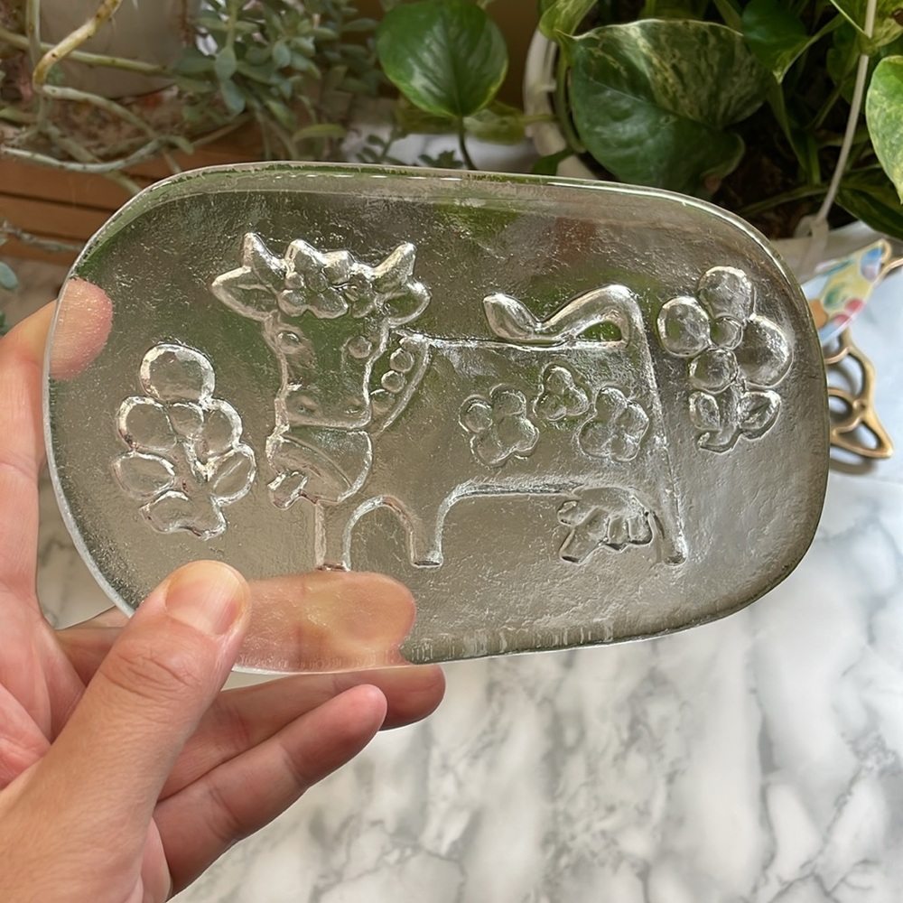 Vintage Glass Butter Dish, Olma the Cow Hergiswil Glass Plate - Roberto Niederer